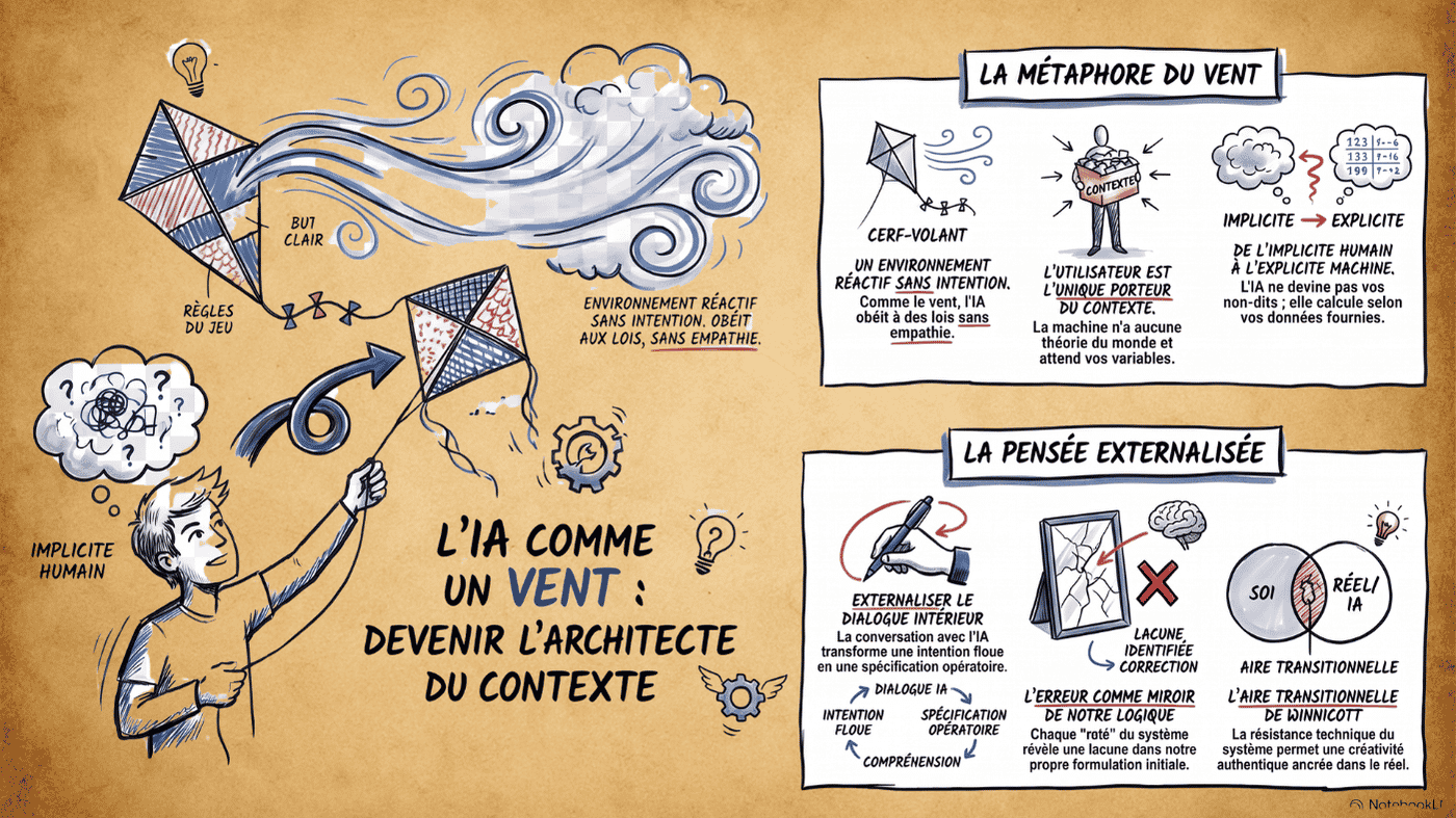 Infographie de style dessin manuel sur fond parchemin illustrant le concept de l'IA comme un vent. Au centre, un enfant tient un cerf-volant dans un vent stylisé, avec le titre : "L'IA comme un VENT : Devenir l'architecte du contexte". Deux encadrés détaillent le concept : 1. "La Métaphore du Vent" : Compare le cerf-volant (but clair, règles du jeu) au vent (environnement réactif sans intention). Explique que l'utilisateur doit porter la boîte du "Contexte" car l'IA ne devine pas l'implicite et nécessite des données explicites. 2. "La Pensée Externalisée" : Montre un cycle transformant une "intention floue" en "spécification opératoire" via le dialogue. Illustre comment l'erreur de l'IA révèle nos lacunes de formulation et définit l'aire transitionnelle de Winnicott comme l'espace de créativité né de la résistance technique du système.